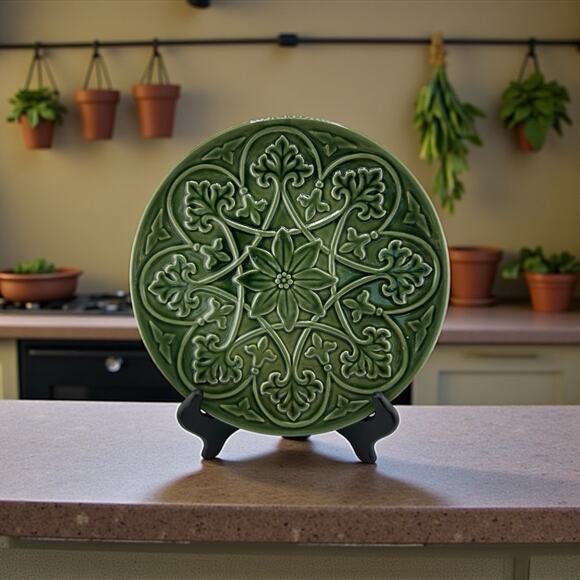 Tii Collections Moss Green Embossed Ceramic Plate 10.5" Art Nouveau Style #W3240 - Picture 1 of 5